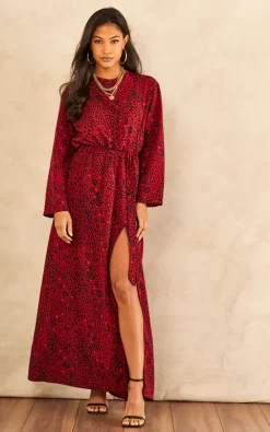 India Gray Red Leopard Print Long Sleeve Maxi Dress
