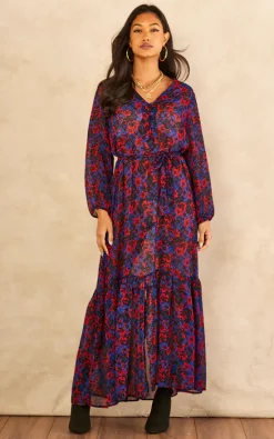 India Gray Red And Blue Floral Long Sleeve Tiered Dress