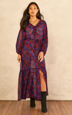 India Gray Red And Blue Floral Long Sleeve Tiered Dress -DRESSES SHOP 2022 11 16 Tom Mollie IndiaGray20803