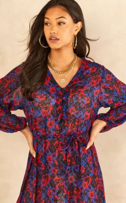 India Gray Red And Blue Floral Long Sleeve Tiered Dress -DRESSES SHOP 2022 11 16 Tom Mollie IndiaGray20805