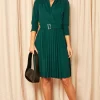 Dresco London Long Sleeve Pleated Midi Wrap Dress With Belt In Green