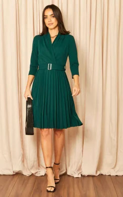 Dresco London Long Sleeve Pleated Midi Wrap Dress With Belt In Green -DRESSES SHOP 2022 11 23 Jen Mollie Dresco23828
