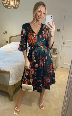 LOVE SUNSHINE Green Floral Satin Wrapped Midi Dress