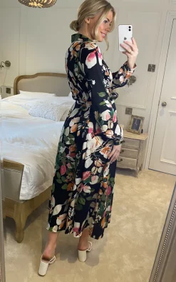 LOVE SUNSHINE Black Floral Printed Midmaxi Shirt Dress -DRESSES SHOP 2022 12 07 Sasha LoveSunshine96