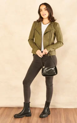 ONLY Faux Leather Biker Jacket In Khaki -DRESSES SHOP 2022 12 15 jen Mollie Only 4