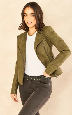 ONLY Faux Leather Biker Jacket In Khaki