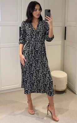 LOVE SUNSHINE Grey Heart Printed Wrapped Midi Dress