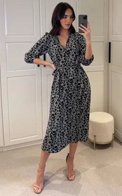LOVE SUNSHINE Grey Heart Printed Wrapped Midi Dress -DRESSES SHOP 2023 01 06 Mollie LoveSunshine131