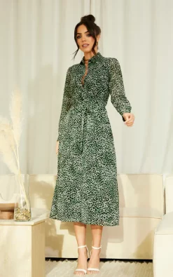 Bella And Blue Long Sleeve Shirt Dress In Green Animal Print