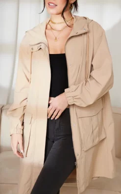 Vila Hooded Longline Parka Coat In Beige