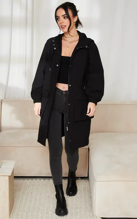 Vila Hooded Longline Parka Coat In Black 1 Vila Hooded Longline Parka Coat In Black