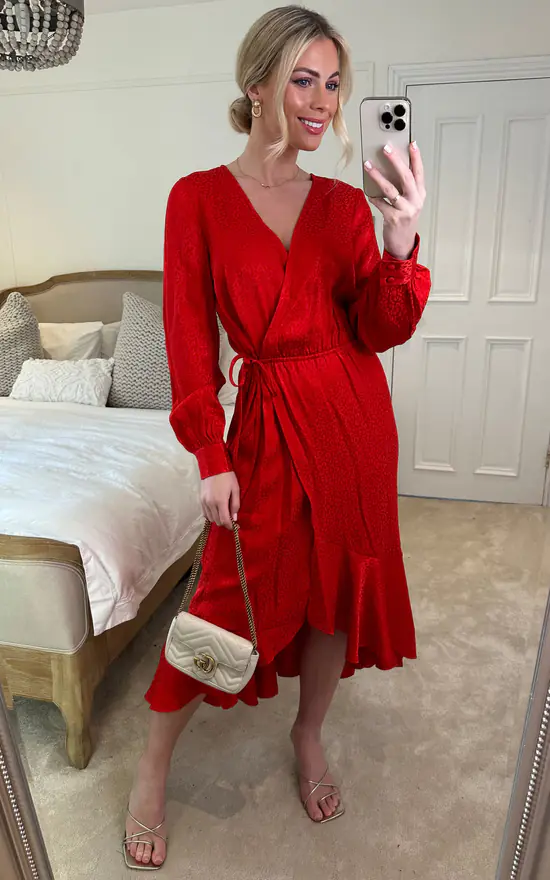 Nikka Long Sleeve Wrap Midaxi In Red Animal Jacquard With Ruffle Hem 3 Nikka Long Sleeve Wrap Midaxi In Red Animal Jacquard With Ruffle Hem - Image 3