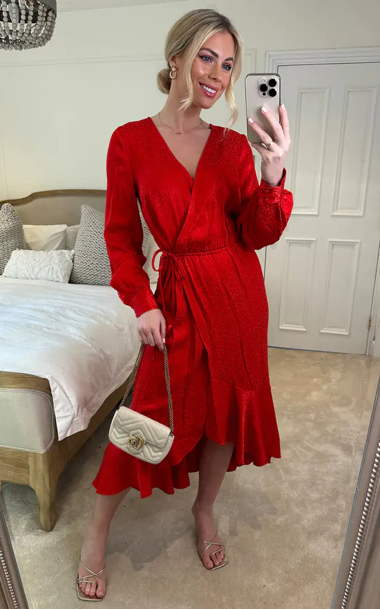 Nikka Long Sleeve Wrap Midaxi In Red Animal Jacquard With Ruffle Hem 4 Nikka Long Sleeve Wrap Midaxi In Red Animal Jacquard With Ruffle Hem - Image 4