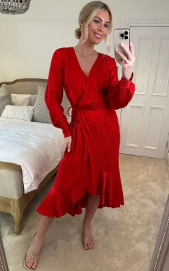 Nikka Long Sleeve Wrap Midaxi In Red Animal Jacquard With Ruffle Hem