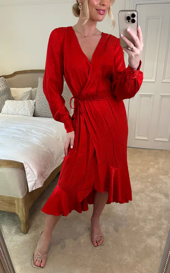 Nikka Long Sleeve Wrap Midaxi In Red Animal Jacquard With Ruffle Hem 2 Nikka Long Sleeve Wrap Midaxi In Red Animal Jacquard With Ruffle Hem - Image 2