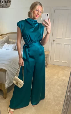 Edie B. Saffy Teal Satin High Neck Sleeveless Jumpsuit