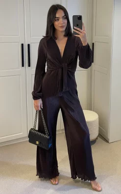 Nikka Chocolate Plisse Tie Front Jumpsuit -DRESSES SHOP 2023 02 08 Mollie Nikka2