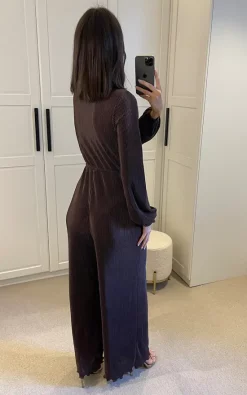 Nikka Chocolate Plisse Tie Front Jumpsuit -DRESSES SHOP 2023 02 08 Mollie Nikka3