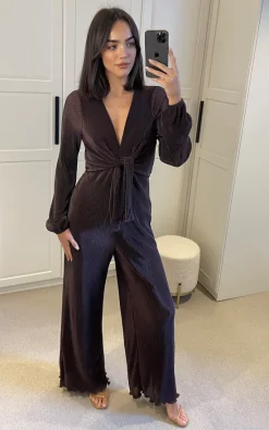 Nikka Chocolate Plisse Tie Front Jumpsuit