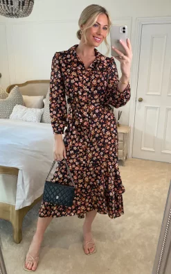 Edie B. Courteney Floral Printed Shirt Dress With Ruffle Hem