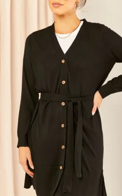 Vila Long Sleeve Longline Cardigan With Belt In Black