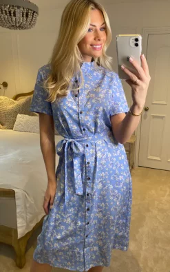 D.Anna White Floral Print Button Down Midi Shirt Dress With Standing Collar In Light Blue -DRESSES SHOP 2023 02 13 Sasha Danna20
