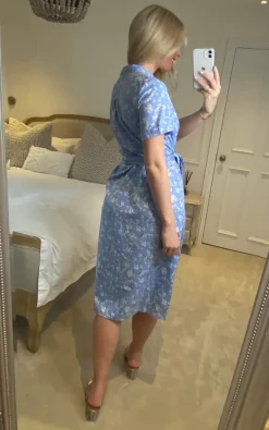 D.Anna White Floral Print Button Down Midi Shirt Dress With Standing Collar In Light Blue -DRESSES SHOP 2023 02 13 Sasha Danna23