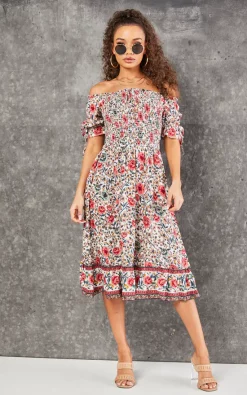 FS Collection Pink & Mint Floral Print Boho Bardot Midi Dress In White