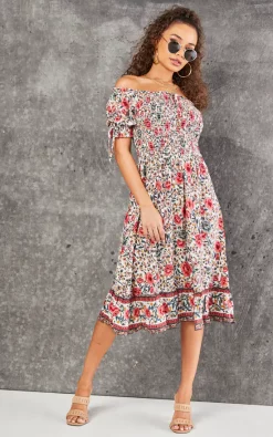 FS Collection Pink & Mint Floral Print Boho Bardot Midi Dress In White -DRESSES SHOP 2023 02 15 Tom Fetoma FScollection0227