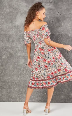 FS Collection Pink & Mint Floral Print Boho Bardot Midi Dress In White -DRESSES SHOP 2023 02 15 Tom Fetoma FScollection0257