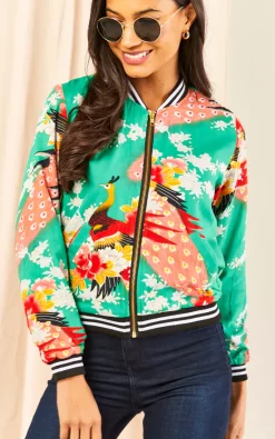Ruby Rocks Lush Eastern Peacock Bomber Jacket In Emerald Green