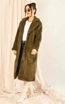 Gini London Khaki Longline Teddy Coat