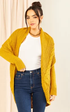 LOVE Chunky Pleat Long Cardigan In Mustard Yellow