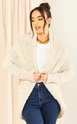 LOVE Chunky Pleat Long Cardigan In Ivory Cream