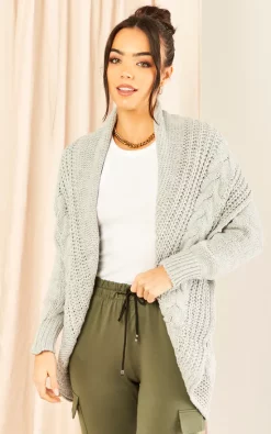 LOVE Chunky Pleat Long Cardigan In Light Grey