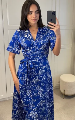 D.Anna White Floral Print Midi Wrap Dress With Belt Fastening In Blue -DRESSES SHOP 2023 02 22 Mollie Danna26