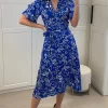 D.Anna White Floral Print Midi Wrap Dress With Belt Fastening In Blue