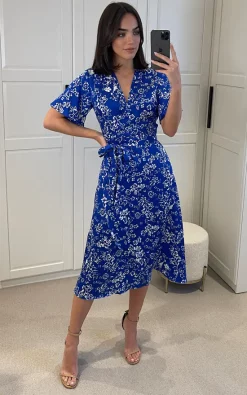 D.Anna White Floral Print Midi Wrap Dress With Belt Fastening In Blue