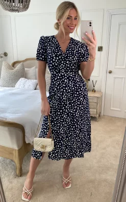 Mela London Mela Spot Midi Tea Dress In Navy