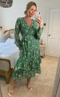Yumi Floral Wrap Long Sleeve Tiered Midi Dress In Green -DRESSES SHOP 2023 02 23 Sasha Yumi124
