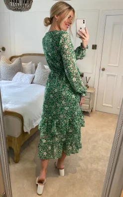 Yumi Floral Wrap Long Sleeve Tiered Midi Dress In Green -DRESSES SHOP 2023 02 23 Sasha Yumi129