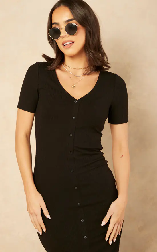 Vila Short Sleeve Button Up Midi Dress In Black 2 Vila Short Sleeve Button Up Midi Dress In Black - Image 2