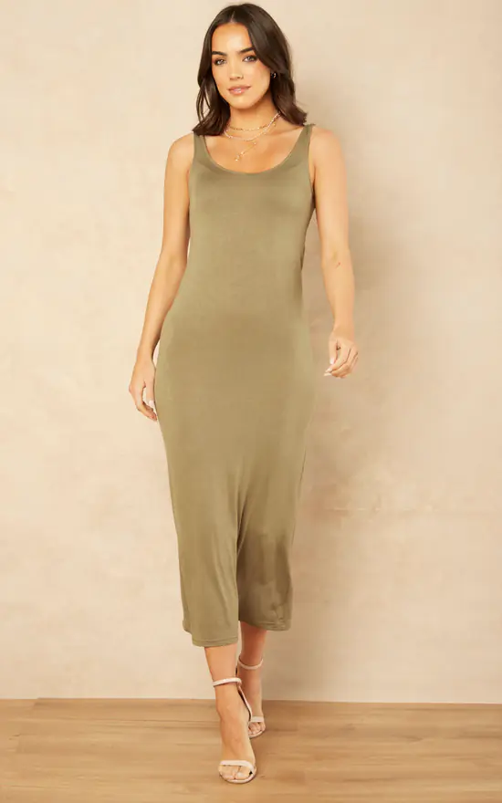 Pieces Sleeveless Maxi Dress With Scoop Neck In Light Khaki 3 Pieces Sleeveless Maxi Dress With Scoop Neck In Light Khaki - Image 3