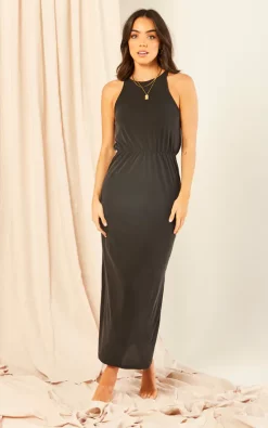 Vila Sleeveless Gathered Waist Maxi Dress In Black