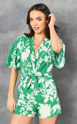 Bella And Blue Kimono Knot Top Playsuit In Green Floral Print