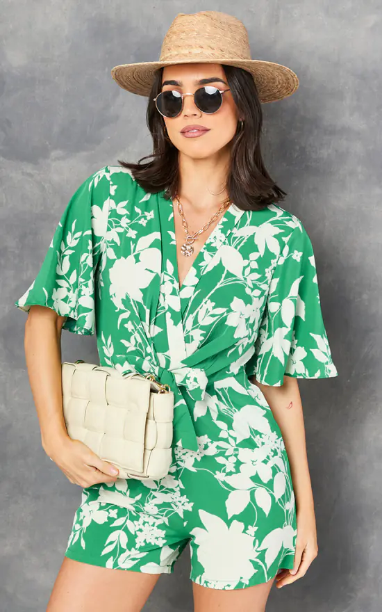 Bella And Blue Kimono Knot Top Playsuit In Green Floral Print 3 Bella And Blue Kimono Knot Top Playsuit In Green Floral Print - Image 3