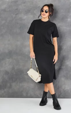 VM Short Sleeve Oversized Midi T Shirt Dress In Black