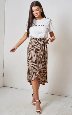 Love Frontrow Brown Zebra Print Midi Wrap Skirt