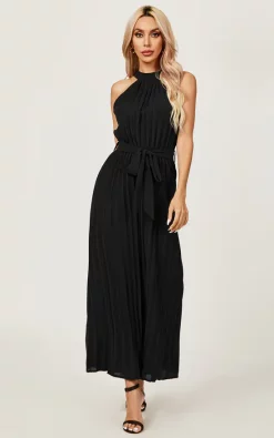 FS Collection Halter Neck Pleated Jumpsuit In Black -DRESSES SHOP 7M1A0112