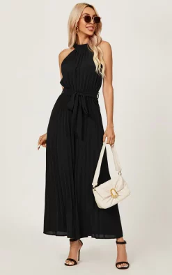 FS Collection Halter Neck Pleated Jumpsuit In Black
